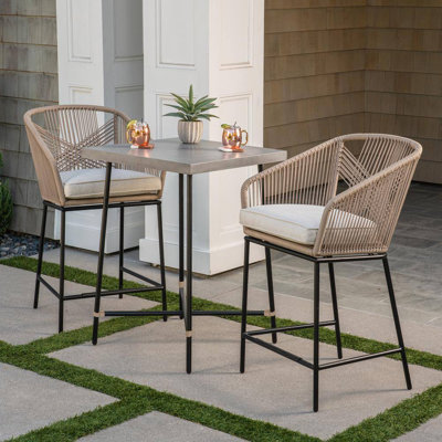 Haymont 3-Piece Steel Wicker Outdoor Bistro Set with CushionGuard Beige Cushions