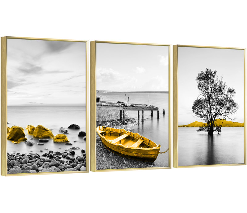 Contrast aluminium encadré, ensemble de 3 reproductions d'art encadrées sur toile, Cadre doré