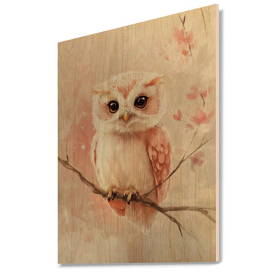 Little Owl in Blush Bloom - Décoration murale en bois avec faune