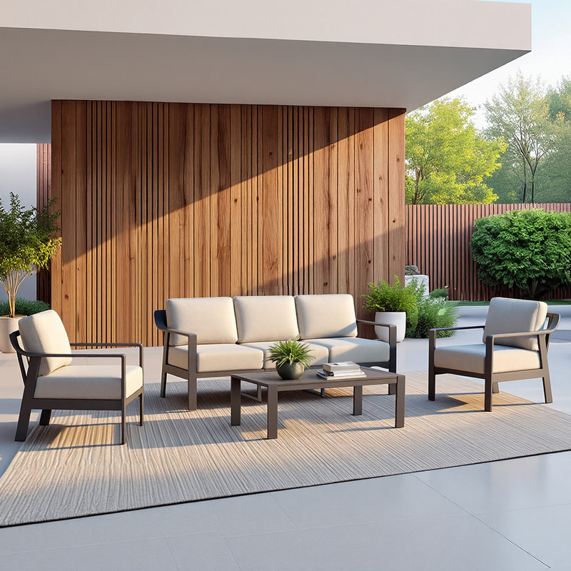 5 - Person Patio Conversation Set With Cushions, Light Gray Cushion/Black Frame, 4 Pcs: Sofa, 2 Chairs, Coffee Table