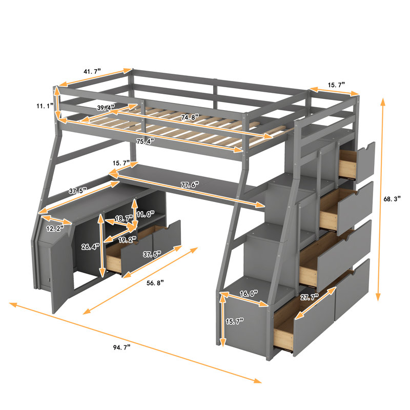 Lit mezzanine simple avec 7 tiroirs, 2 tablettes et bureau - Gris, Gris, Lit simple