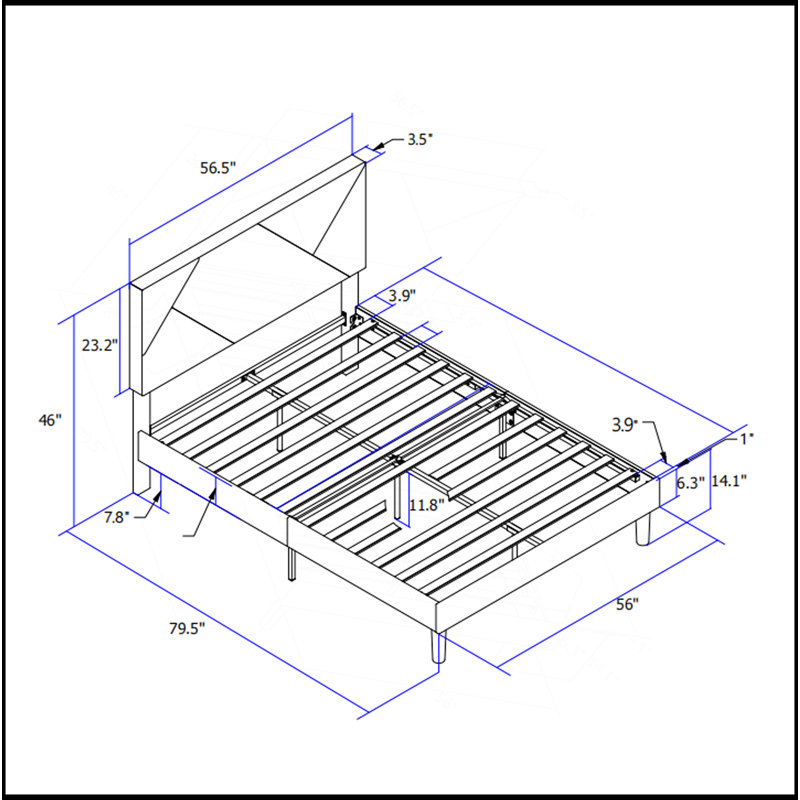 Structure de lit plateforme tapissier, support en lattes de bois, facile à assembler, gris, Full