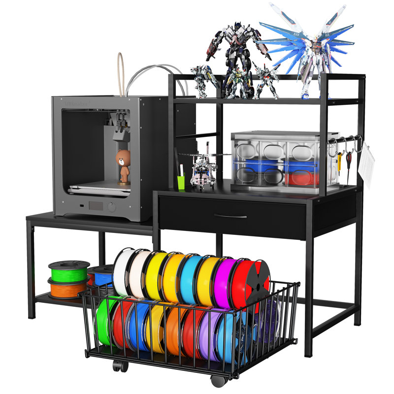 3D Printer Stand with Storage Drawer and Rolling Filament Basket, Industrial Printer Table with Open Shelves and Hooks, Sturdy Metal Workstation for 3D Printing Tools and Accessories, Black