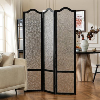  Paravent 3 panneaux en acrylique cloison pliante translucide avec cadre en bois de paulownia noir, incassable et peu encombrant pour le salon, la chambre à coucher et le bureau