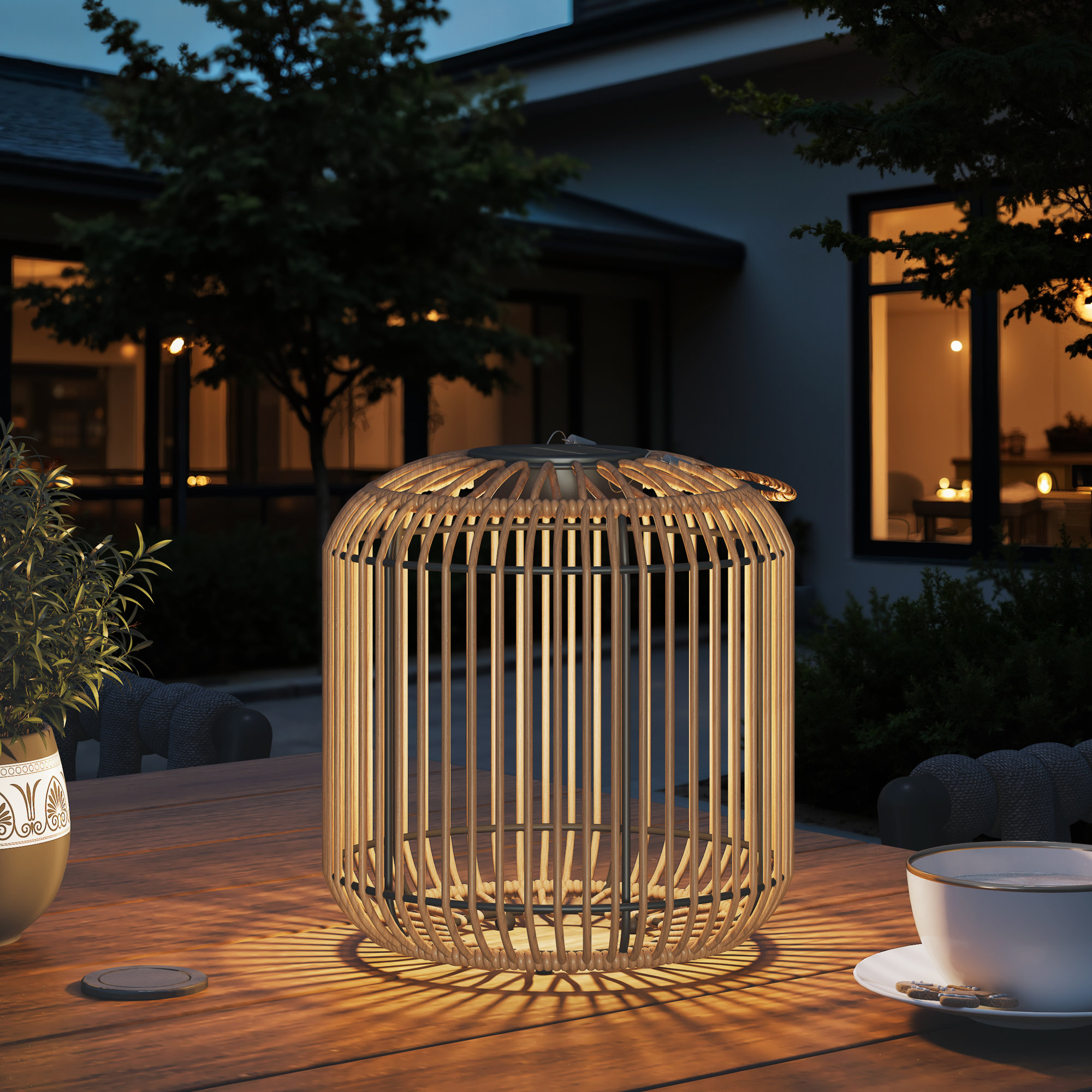 9.45" H All Iron Frame Rattan Lantern With Hemp Rope Handle, Natural