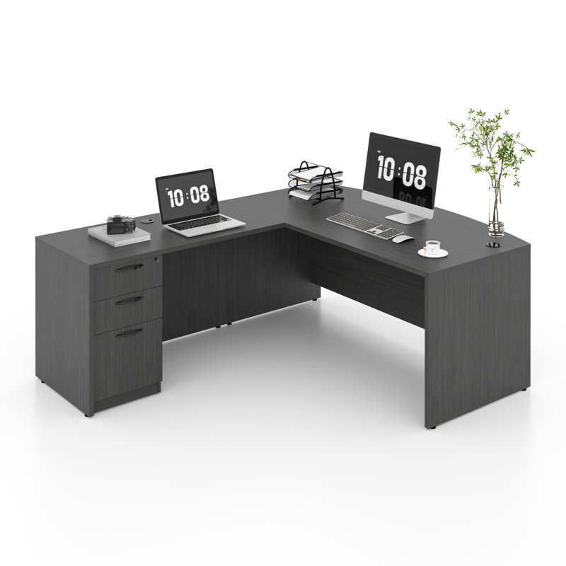 Bow Front L-Shaped Executive Desk With File Cabinet, Gray