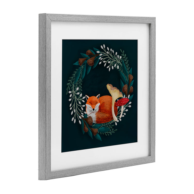 «Sleepy Fox in Botanical Wreath», reproduction sous verre encadrée, design par Metka Hiti, H 16 po x l 16 po