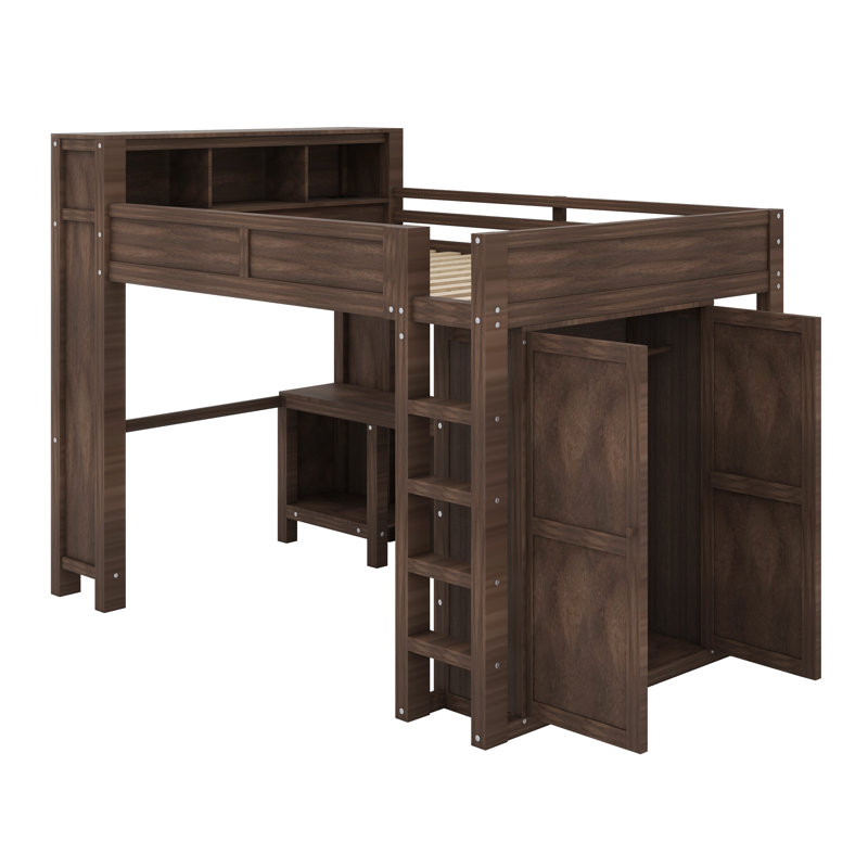 Multifunctional Loft Bed Featuring Storage Headboard, Closet, and Workstation, Brown