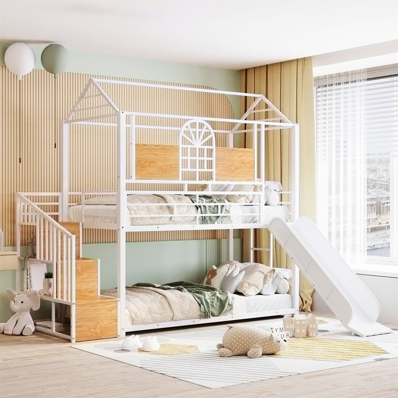 Lit superposé en métal avec glissière et escalier de rangement
