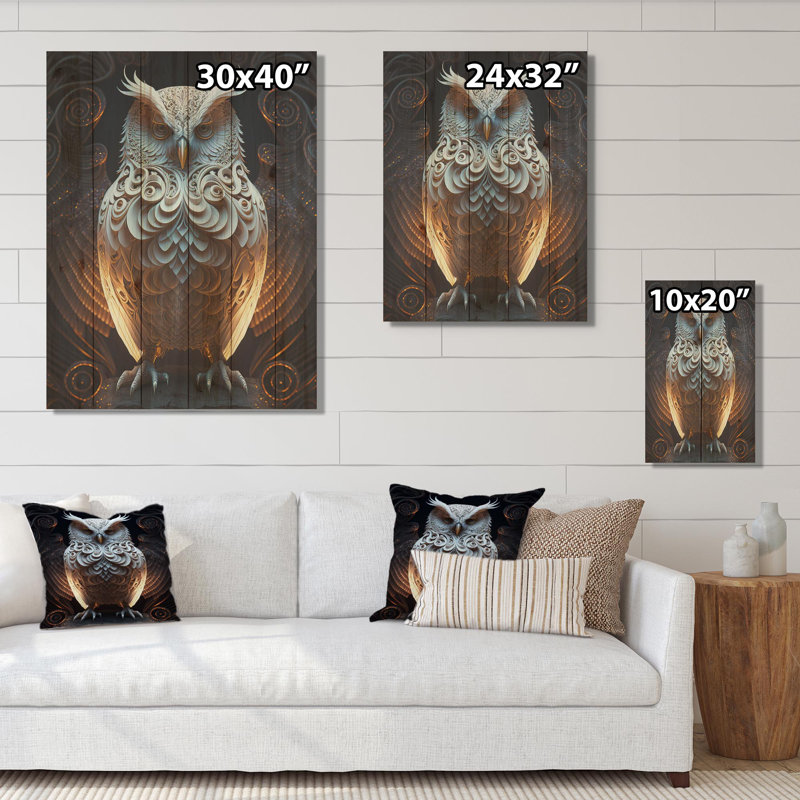Chouette blanche lumineuse I - impression sans cadre sur bois, H 20 po x l 12 po x P 1 po