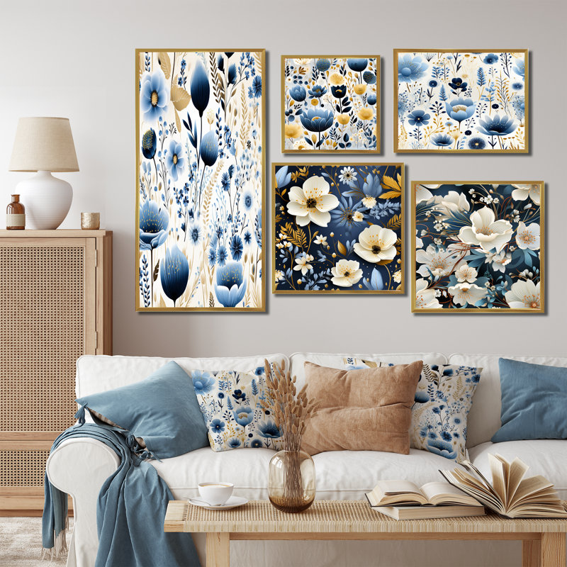 Avera - Ensemble de 5 impressions sur toile florales, Cadre flottant doré