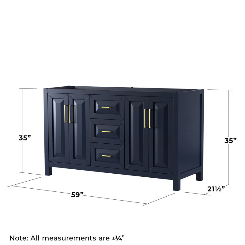 Base de meuble-lavabo double de salle de bain 59" avec miroir seulement Daria, Bleu foncé / or