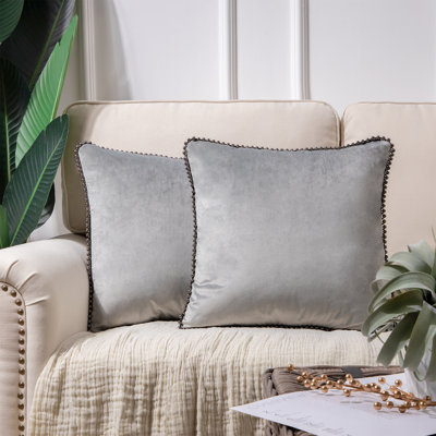 Velvet Ball Trim Decorative Square Throw Pillow Cover