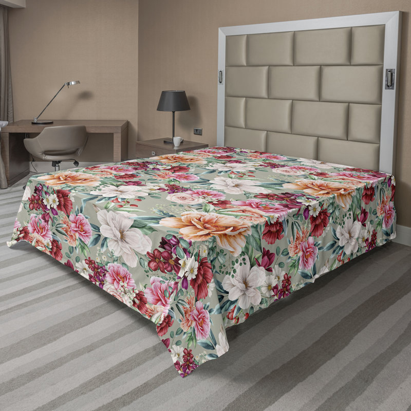 Ambesonne Flowers Flat Sheet Nostalgia Farmhouse, Coral Pink and Multicolor