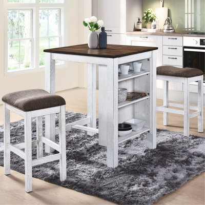 Comptoir 3 pièces avec rangement pour petits espaces, esthétique rétro moderne, matériaux faciles à assembler, plateau foncé à finition rustique, tablettes latérales, tabourets confortables, peu encombrant, chêne antique, massif