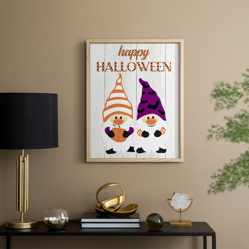 Reproduction encadrée d'Halloween gnomes - bois massif, H 15 po x l 12 po