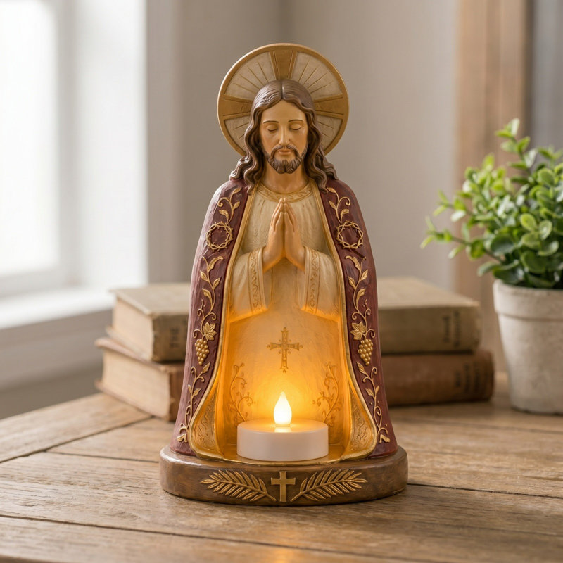 Statue de Mary bougie résine résine Figurine veilleuse Catholique Décoration de table Cadeau pour le baptême de Noël, B