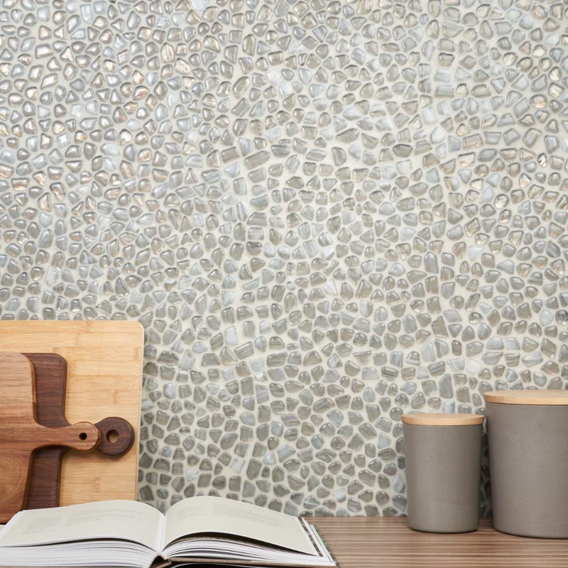 Komorebi Pebble Mineral Ice Gray Polished Glass Mosaic Tile, Juneau Spring