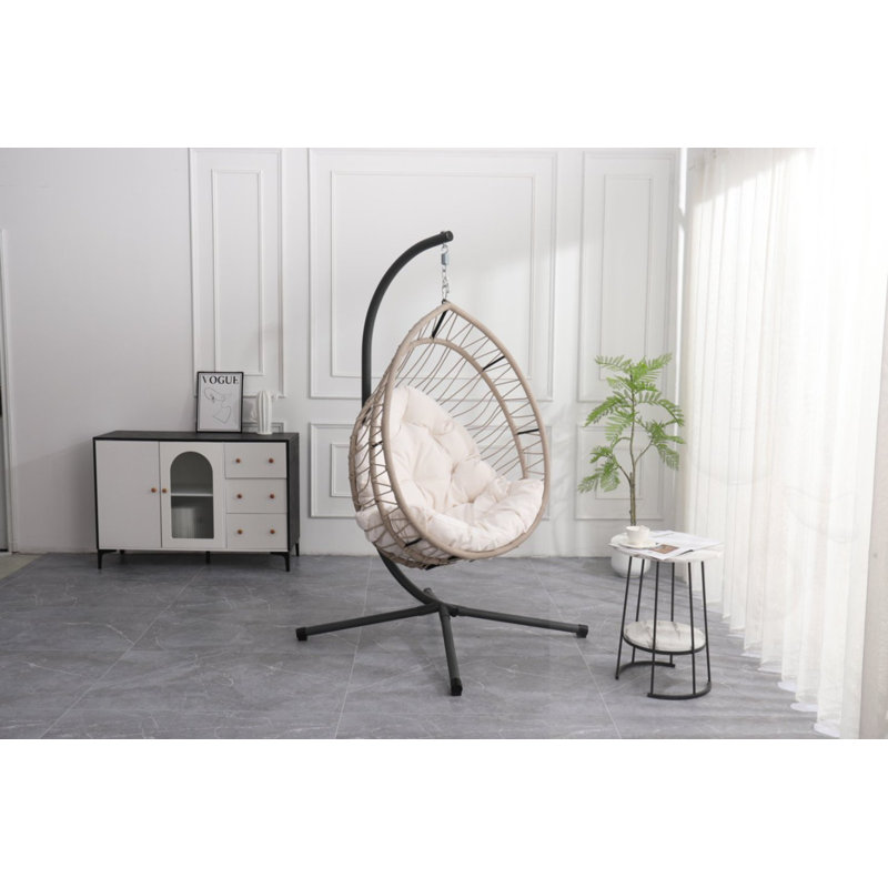Chaise suspendue pliable en forme d'œuf avec support et coussins, Blanc, Beige/noir
