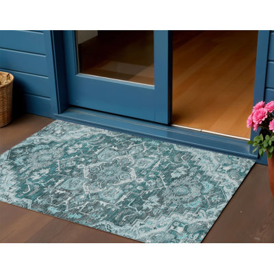 3' X 5' Teal Blue Grey And Charcoal Oriental Washable Indoor Outdoor Area Rug