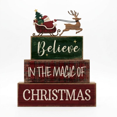 Décoration de table de Noël en 4 pièces : panneau en bois empilé avec traîneau du Père Noël à carreaux, plateau à étages rustique, panneau décoratif avec Père Noël et renne, cadeau, centre de table de Noël champêtre pour la maison et la cuisine