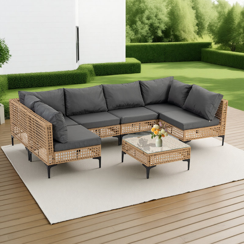 7 PCs Outdoor Sectional Sofa Set, Boho Wicker Rattan Patio Furniture with Cushions & Table for Patio, Lawn, Backyard, Porch, Grey