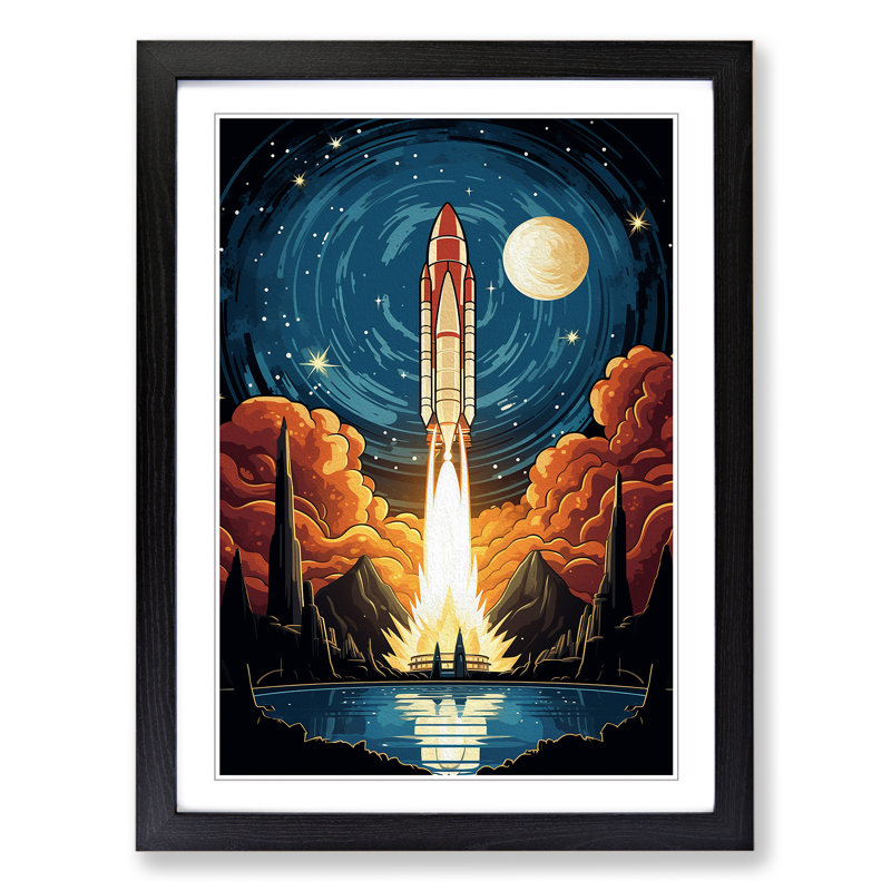 Rocket Nouveau - Single Picture Frame Print on Wood, Black Framed, 64cm H x 46cm W x 2cm D