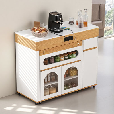 Extendable Dining Table With Extra-Long Folding Top, Rolling Kitchen Island With Drawers, Power Outlet And Brake Lock, Storage Cabinet For Kitchen And