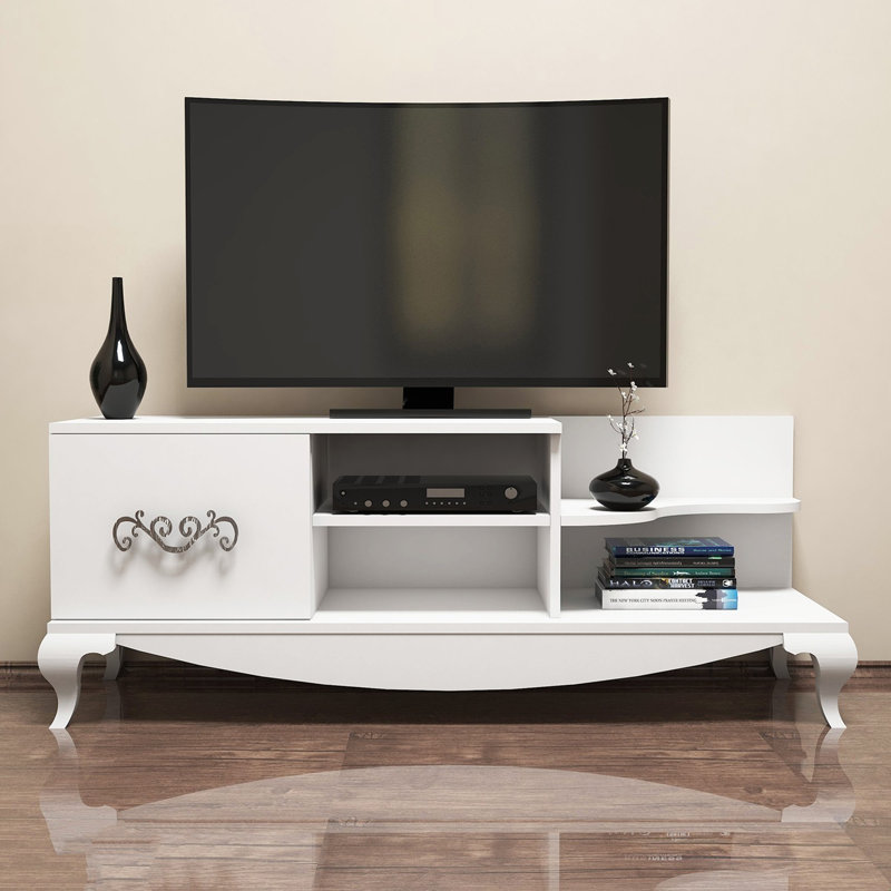 Meuble télé traditionnel blanc avec de nombreuses tablettes, 51,2 po x 19,9 po x 17,7 po | 100% panneau de particules enduit de mélamine, épaisseur: 0,7 pouce | Conception murale, parfaite pour le salon et les espaces de divertissement