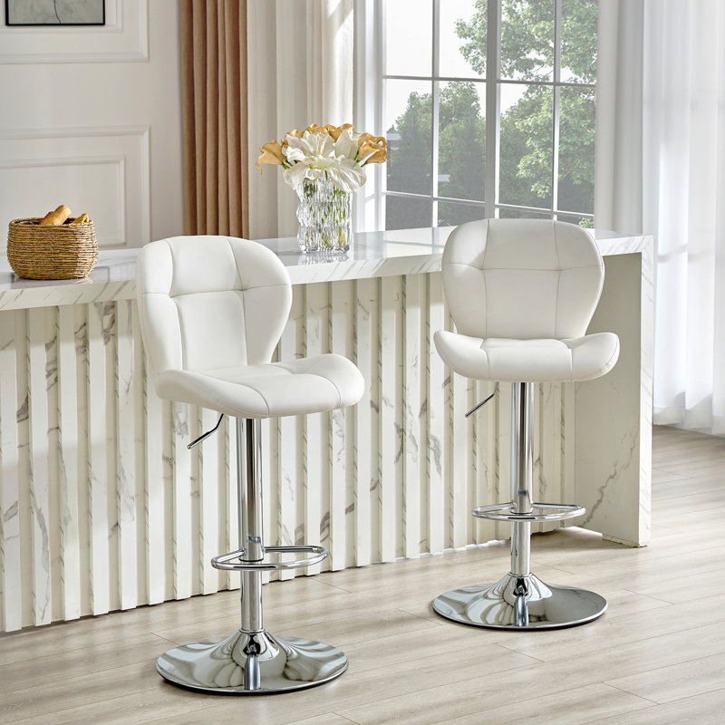 Ensemble de 2 tabourets de bar réglables en hauteur, chaises capitonnées en polyuréthane à dossier avec base en métal chromé et repose-pieds pour îlot de cuisine, pub, bar (blanc)