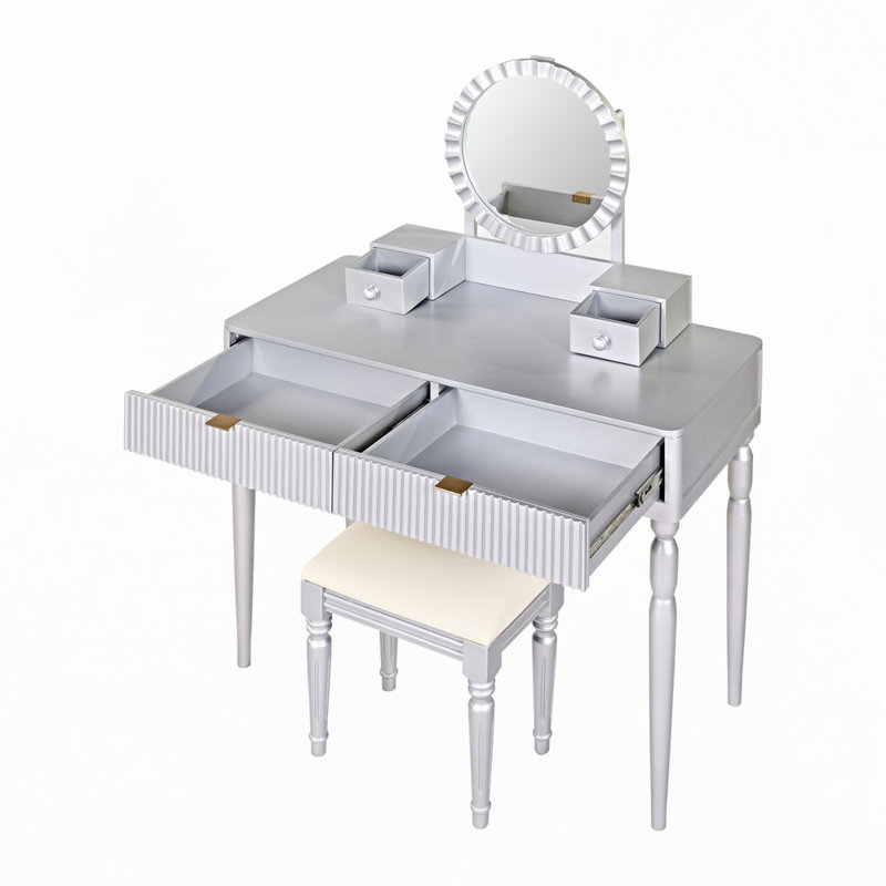 Ensemble de coiffeuse de luxe avec miroir rond, hauteur réglable, ensemble de coiffeuse, 4 tiroirs et tabouret, Argent argent