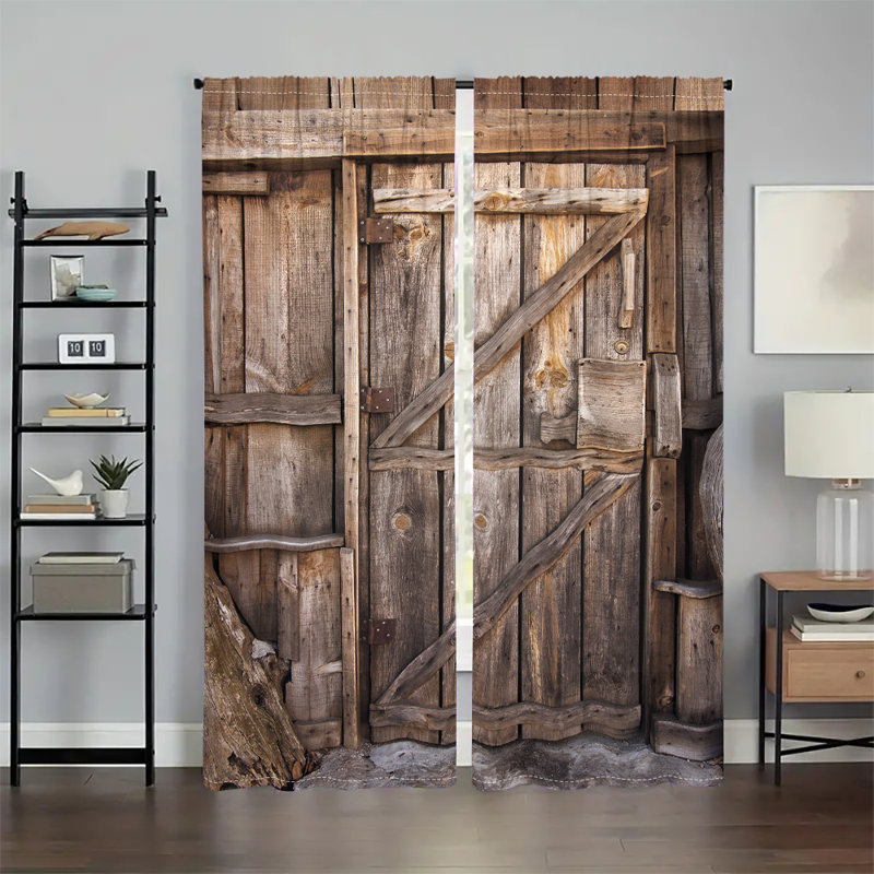 2Pcs Rustic Wooden Barn Door Print Curtains Country Farmhouse Style Window Drapes Rod Pocket Light Filtering Vintage Wood Texture Panels for Living Room Bedroom Kitchen Dining Home Decor