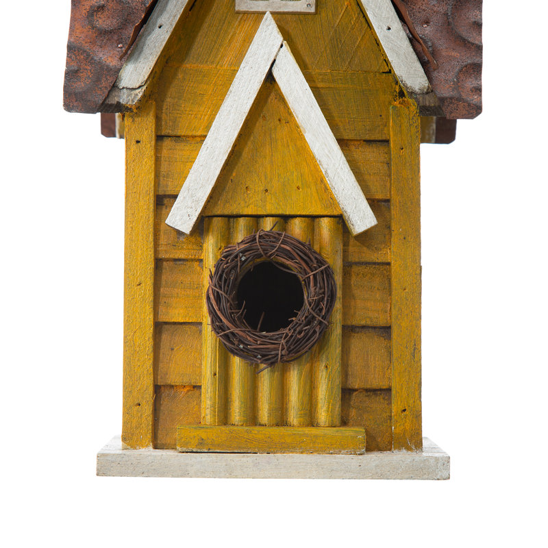 Strader Distressed Solid Wood Villa Decorative Outdoor Garden Birdhouse, Yellow/White