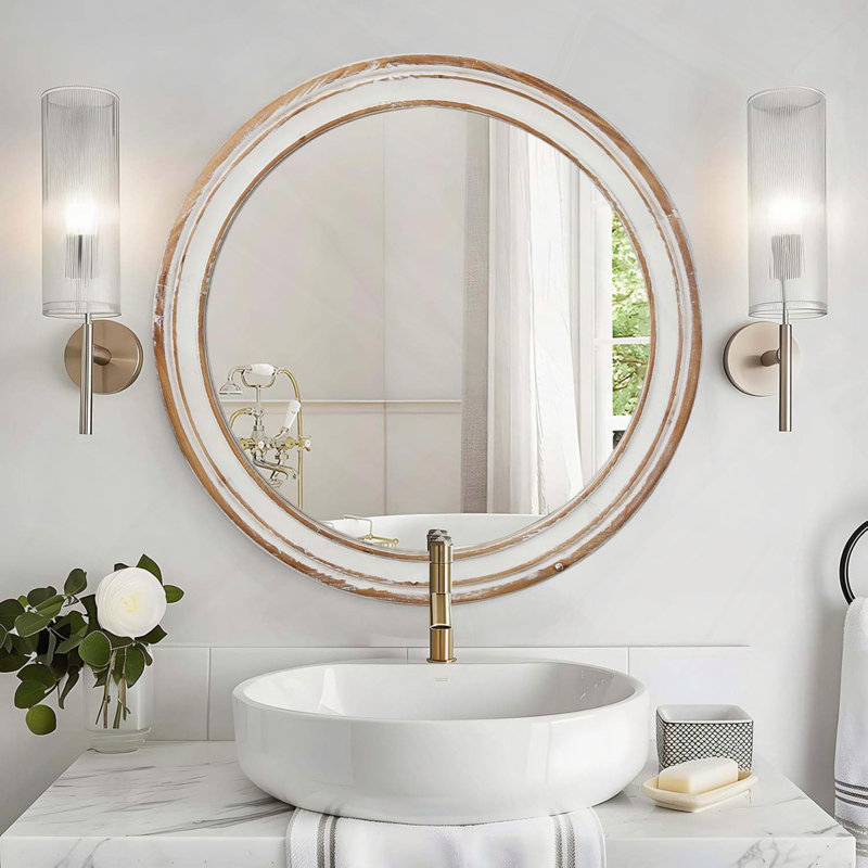 Miroir mural rond en bois, 27,56 po x 27,56 po, Chêne blanc antique
