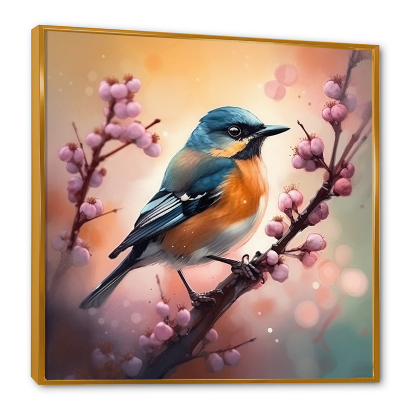 Décoration murale florale oiseau bleu sur un arbre II, H 30 po x l 30 po x P 1 po, Toile avec cadre flottant or
