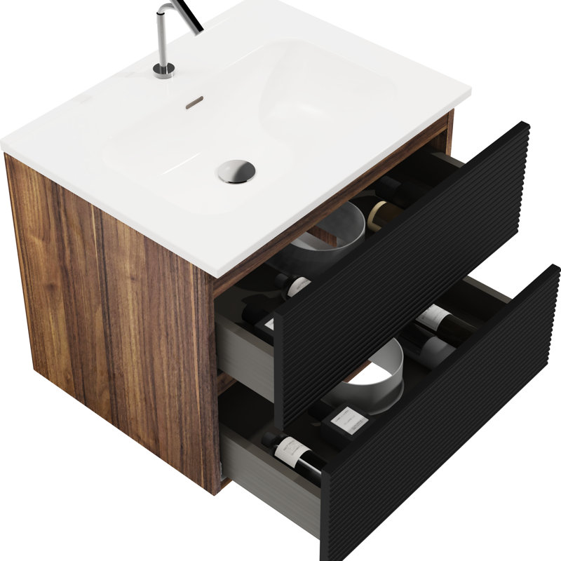 Meuble-lavabo moderne de 24 po - Noir doux et couleur noyer. Grand rangement avec trop-plein en céramique. Système de système de fermeture en douceur silencieuse. Rangement spacieux intégré, fonctionnel