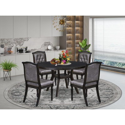Ensemble de salle à manger 5 pièces avec 4 chaises rembourrées en polyester gris foncé, un dossier capitonné et une table de salle à manger au fini noir sablé.