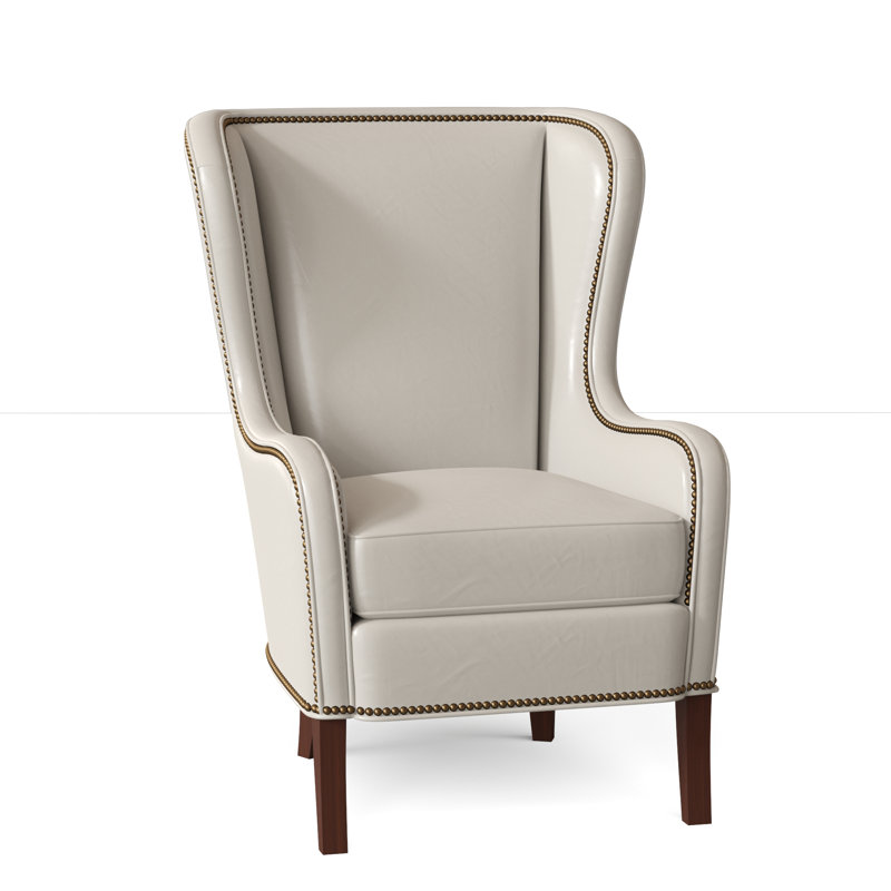 Aurora Wingback Chair, French Natural, Mahogany, Aline Light Gray Stonewash Genuine Leather