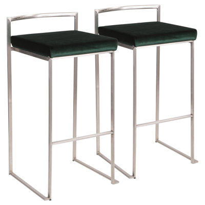 Tabouret de bar empilable contemporain en acier inoxydable avec coussin de velours vert Fuji par Lumisource - ensemble de 2
