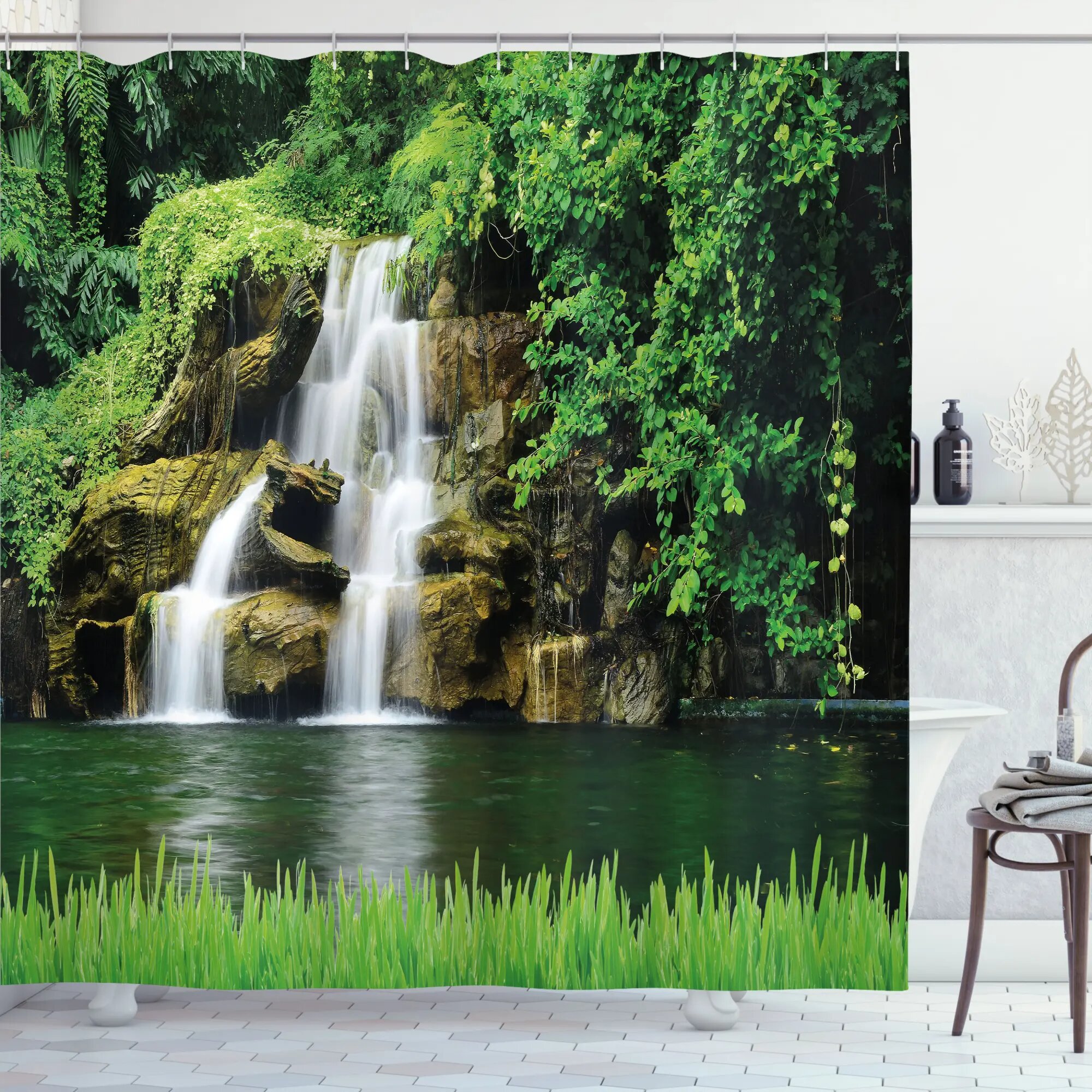 Ambesonne Waterfall Double Flow to Natural Lake with Bushes and Grass Like Garden Shower Curtain Set, Green