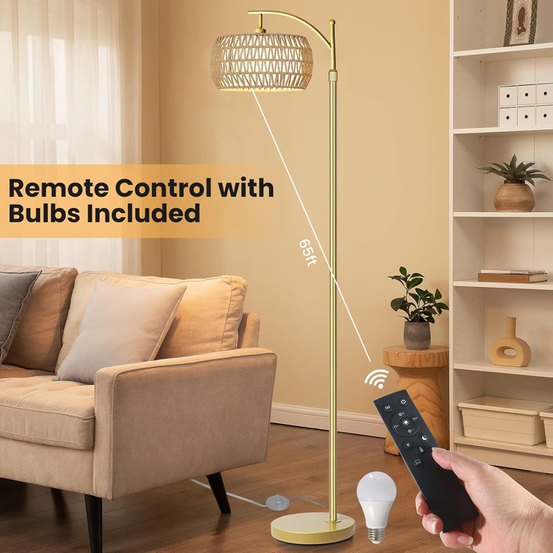 Remote Control Dimmable Floor Lamp With Rattan Shade, Adjustable Brightness & Color Temperature, Sturdy Metal Base For Living Room, Bedroom, Office - Farmhouse, Boho Style