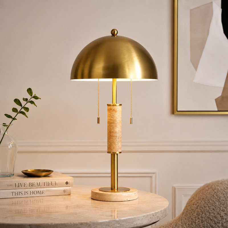 Lampe de table moderne de 65 po à 2 lumières, fini or brossé, abat-jour en forme de dôme, accents marbrés et variateur à pédale, idéale pour le salon, la chambre ou le bureau.