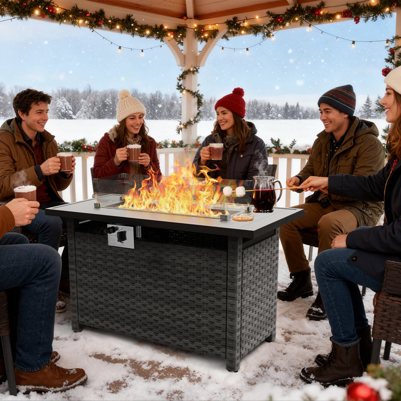 Table d'extérieur pour foyer d'extérieur au propane en rotin pour patio extérieur