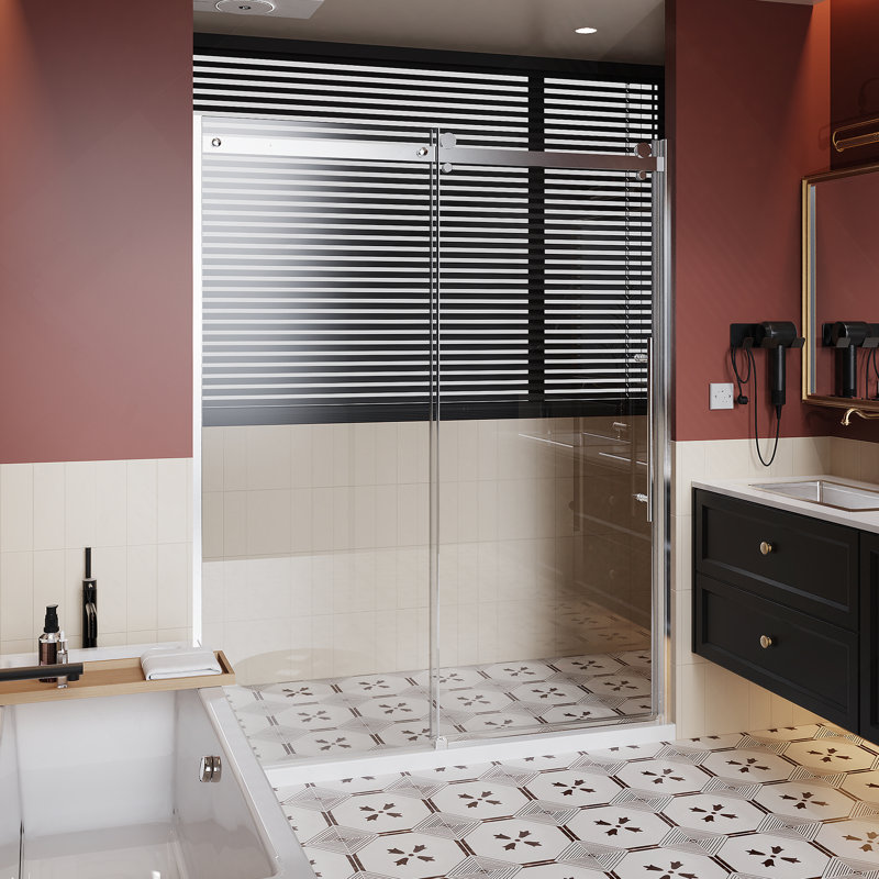 60.in W x 72.in H Frameless Shower Door Single Sliding, 1/4 inch Thick Clear Tempered Glass Shower Door with Zinc Roller Rail System, Stainless Steel Handle,Chrome