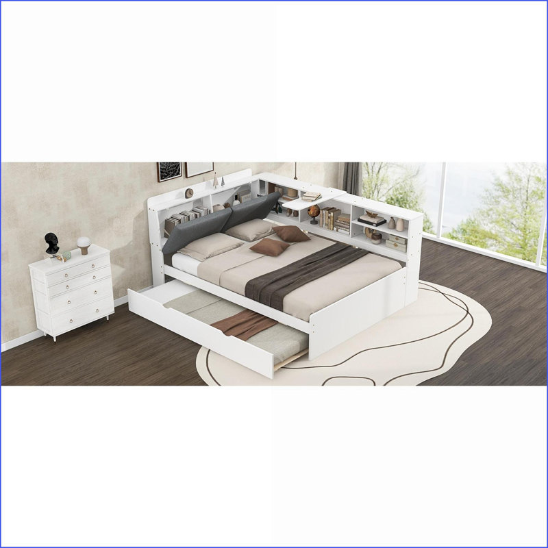 Lit plateforme double en bois de pin avec tête de lit et rangement Lit gigogne - Aucun sommier requis, blanc pour les petits espaces