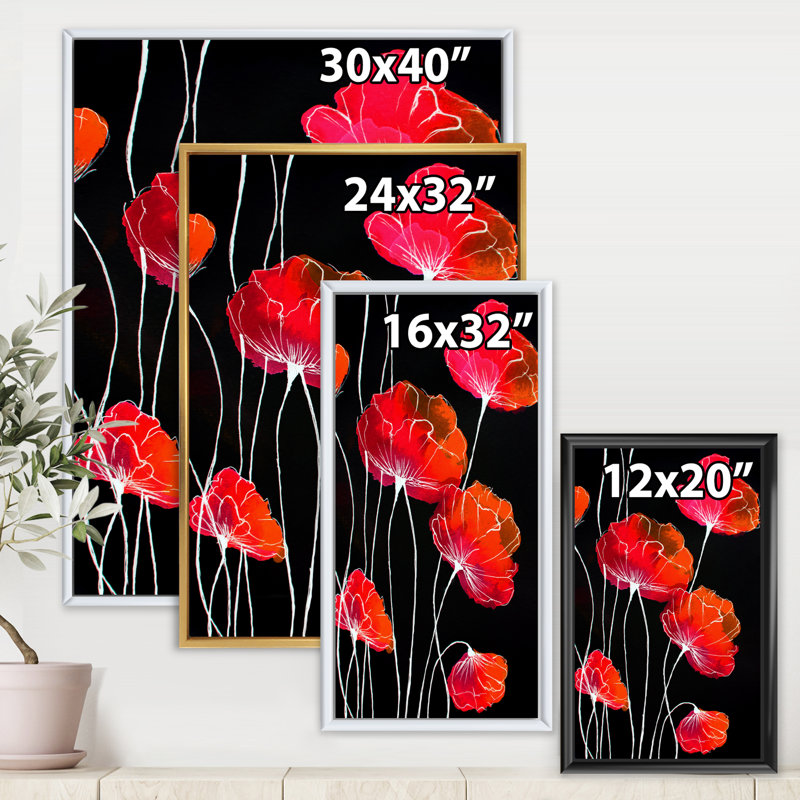 Abstrait fleur rouge, détail sur fond noir II - Impression sur toile, H 32 po x l 16 po x P 1 po, Cadre flottant noir