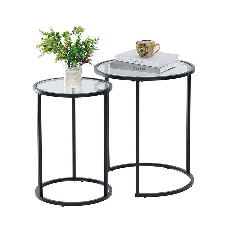Ryett 2 End Tables with Metal Base Round Table with Tempered Glass Tabletop, Black