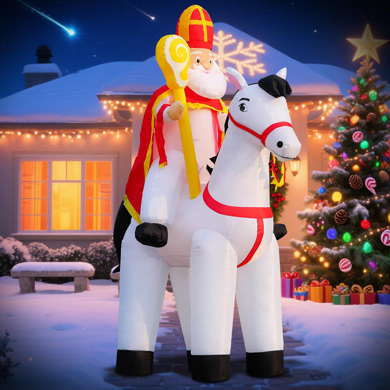 Décoration de Noël gonflable Saint-Nicolas 6 pi - Décor gonflable monté sur un cheval blanc avec des DEL intégrées pour les fêtes, le jardin, la pelouse, la cour, le patio et la crèche extérieure