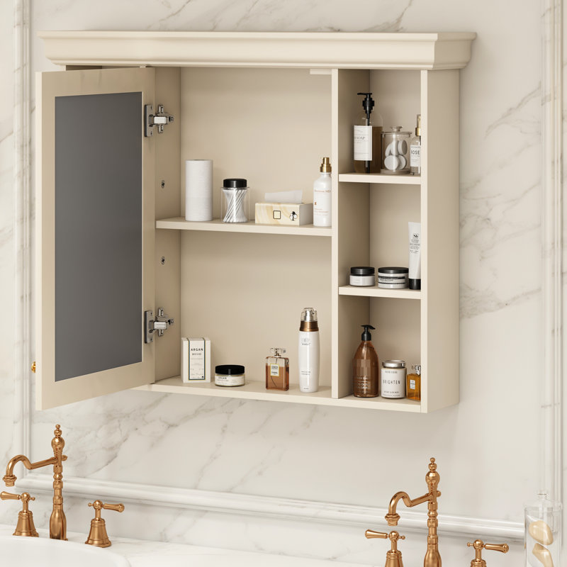 Armoire de salle de bain murale - Grand miroir d'intimité dissimulé avec rangement de couleur crème de luxe beige
