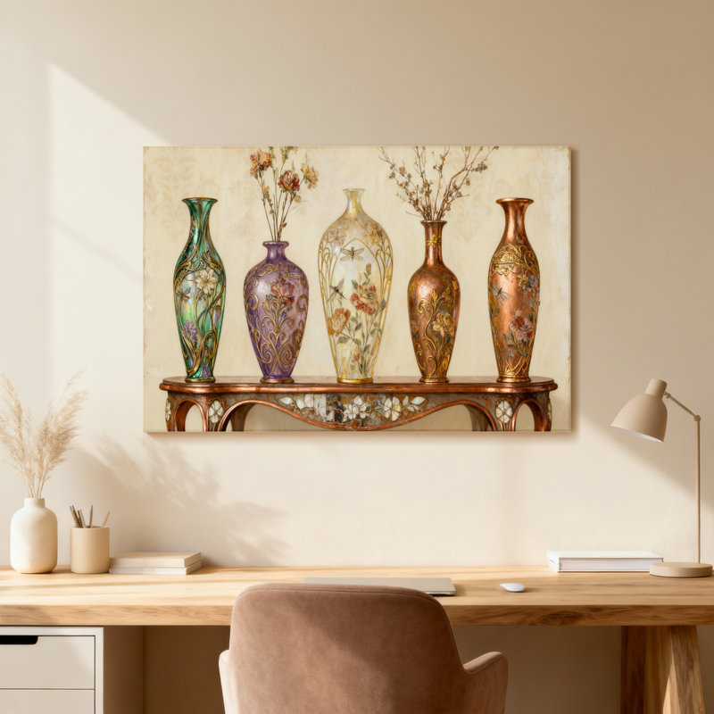 Cinq vases décoratifs sur une tablette en bois, H 12 po x l 18 po, Toile tendue, Ne s’applique pas